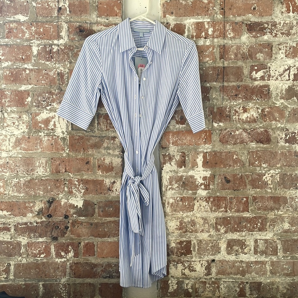 Blue and white striped midi dress